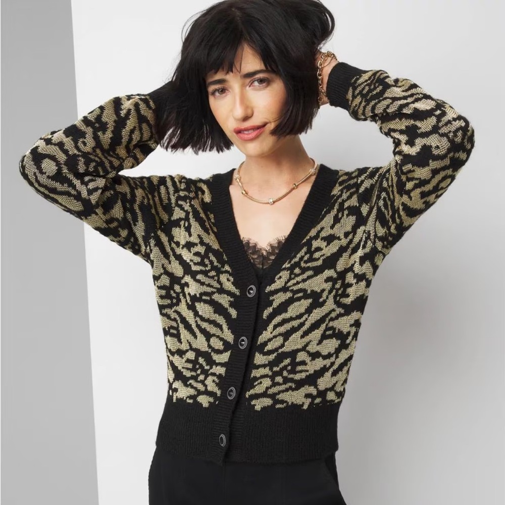 NWT WHBM Jacquard Gold Black Cardigan Sweater Size Small
